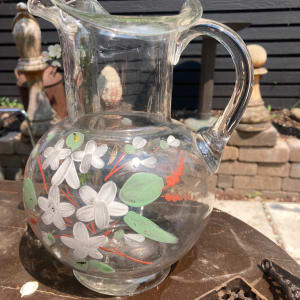 Clear Victorian pitcher with hand painted flowers and ruffled edge