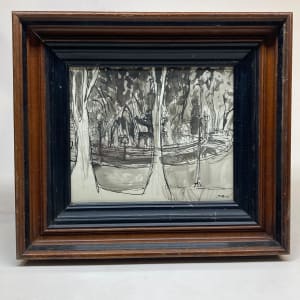 Framed James Quentin Young ink drawing of Mexican fountain 
