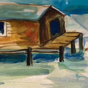 Framed watercolor  of house on stilts and pelicans by Elizabeth Grant 