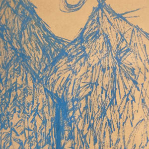 Framed blue ink mountain scene by James Quentin Young 