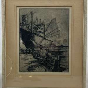 Framed etching of ship yard Chicago  by Kent Hagerman 