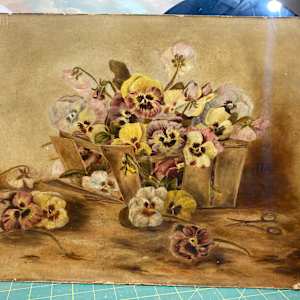 unframed pansy painting on board