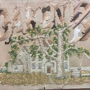 Framed cross-stitch "The Oaken Bucket" 