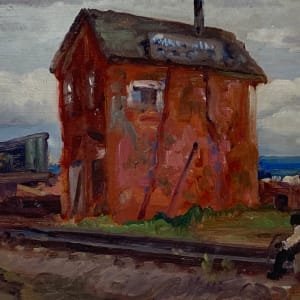 Framed rail yard painting with red building on board 