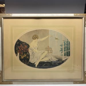 Framed Art Deco print of girl with birds