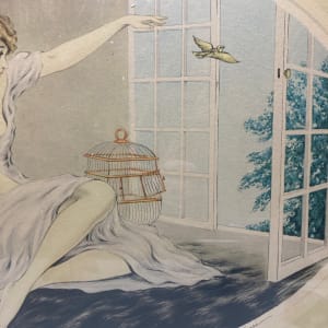 Framed Art Deco print of girl with birds 