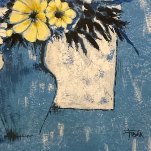 Framed painting of blue and yellow flowers 