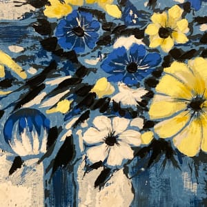 Framed painting of blue and yellow flowers 