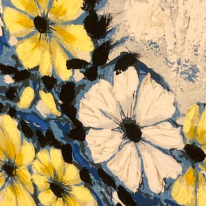 Framed painting of blue and yellow flowers 