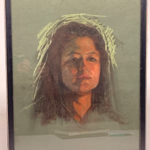 Framed original pastel on green paper of young girl 