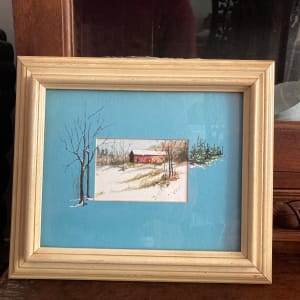 framed watercolor of covered bridge 