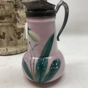 Hand painted milk glass creamer with pewter lid