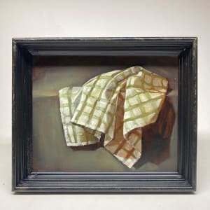 Original framed oil painting of green and white cloth still life 