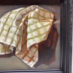 Original framed oil painting of green and white cloth still life 