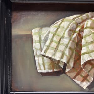 Original framed oil painting of green and white cloth still life 