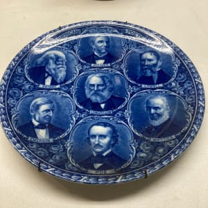 flow blue pottery plate with poets 