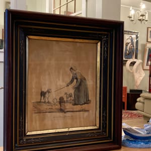 Framed 19th century colored engraving of training dogs 