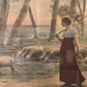 Framed lithograph of sheep herder girl 