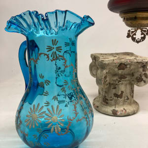 Blue Victorian hand painted glass pitcher 