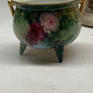 turn of the century hand painted three legged  small vase with flowers 