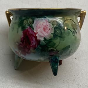 turn of the century hand painted three legged  small vase with flowers 