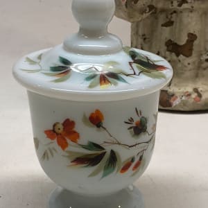 hand painted covered milk glass jar 