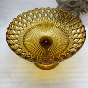 Amber pierced large glass compote 