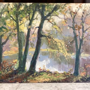 Original framed oil on board fall scene with river by G. T. Olson 