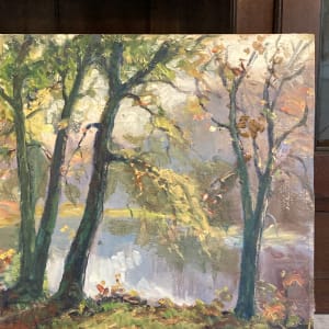 Original framed oil on board fall scene with river by G. T. Olson 