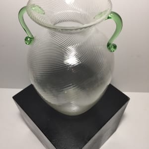 hand blown art glass vase with green handles 