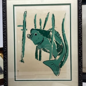 Green fish woodblock by Russell Van Eman 