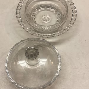 Early clear glass etched covered dish 