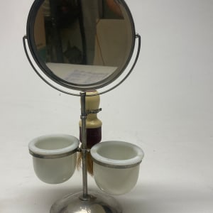 silver table top shaving mirror stand with accessories 