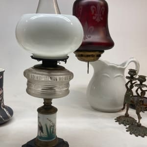 Victorian kerosene table lamp with painted heron base