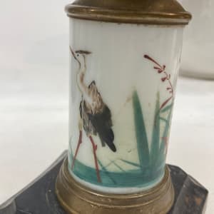 Victorian kerosene table lamp with painted heron base 