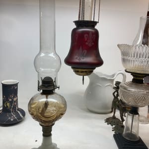 Victorian kerosene table lamp with white base 
