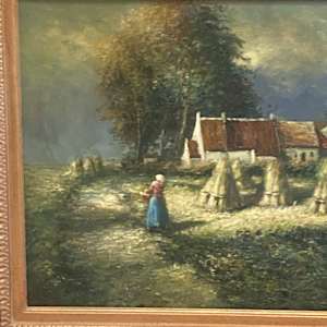 Original oil painting of a landscape and hay stacks 