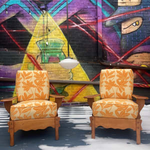 Hard Rock maple vintage paddle arm lounge chairs 