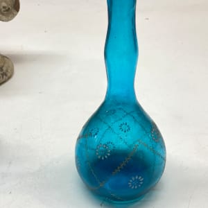 hand painted blue Victorian bud vase with enamel flowers 