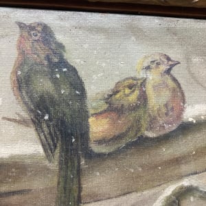 Framed primitive turn of the century landscape painting with birds 
