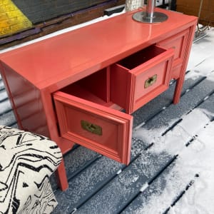 pink lacquered Asian style low console table 