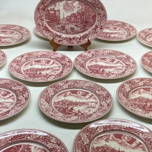 set of 15 red and white dinner plates 