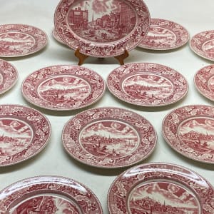 set of 15 red and white dinner plates 