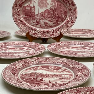 set of 15 red and white dinner plates 