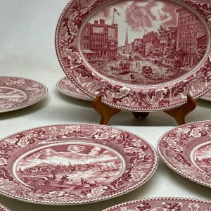 set of 15 red and white dinner plates 