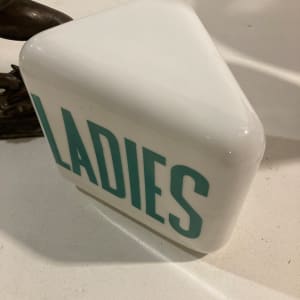 Ladies milk glass vintage bathroom sign 