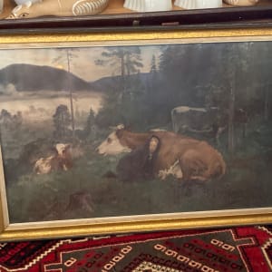 Framed sleeping with cow lithograph 