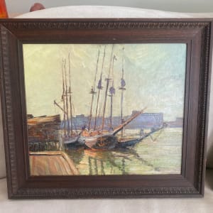 Framed G. T. Carl Olson harbor oil painting on board of Cape Cod 