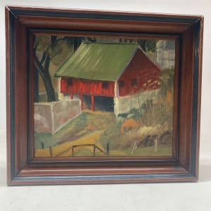 Original painting on board of red barn 