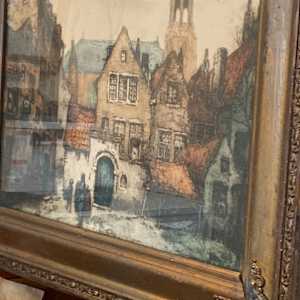 Framed hand colored etching 